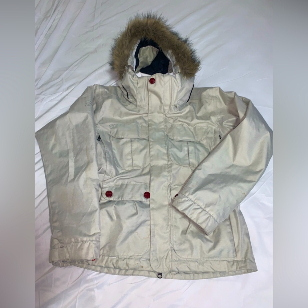 Bonfire Safari Snowboarding Jacket Women’s Sz Small Beige Faux Fur On Hood